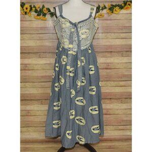 Hand Made Blue & Beige Nautical Coastal Sundress Size L Embroidered Bird Pattern